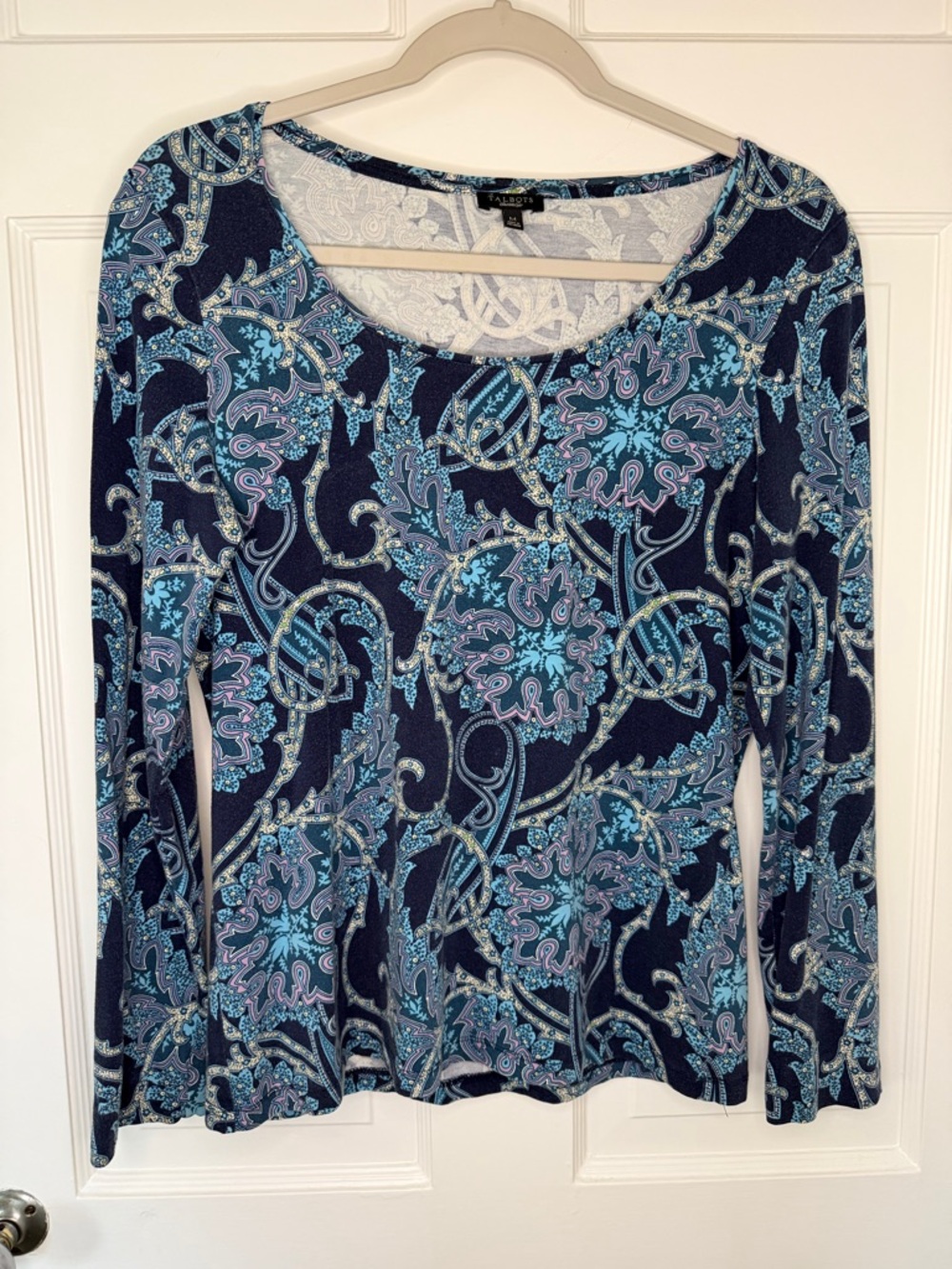 Talbots Blue Paisley Print Long Sleeve Stretch Top Size Medium